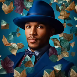 a black man wearing a hat and blue suit