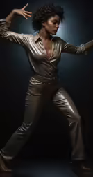 a woman is posing for a photograph in a gold suit
