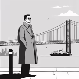 black and white illustration of man in front of the bridge