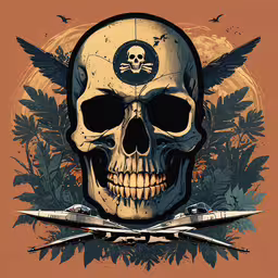 an artistic skull with wings flying around it,an airplane is flying over the skull with wings