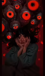 a young girl sitting against a dark red background with red lights surrounding her