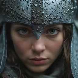a girl wearing an armor with rain drops on it