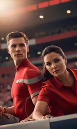 a man and woman are looking at the camera