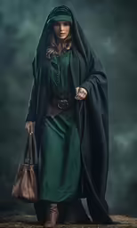 a girl in a dark green dress and a cloak