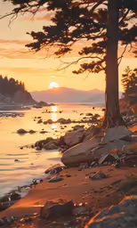a rocky shoreline with the sun setting behind some trees