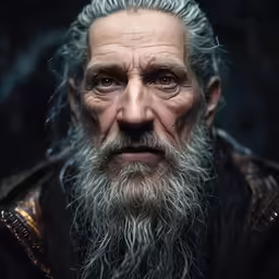 a white man with a grey beard has white hair and black shirt