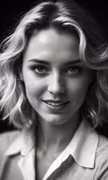 a black and white photograph of a woman smiling,a woman is wearing white and looking into the camera