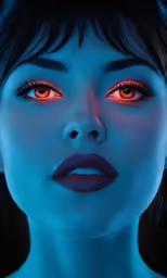 a close - up shot of a young woman with makeup, glowing red eyes and black hair