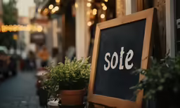 potted plants and an old framed sign outside of a store