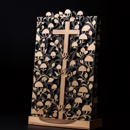 a wooden cross that is in front of some people