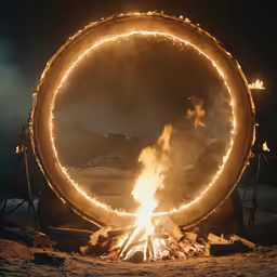 a circle of fire that is surrounded by two torches