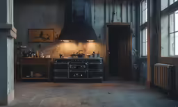 an old fashion stove with lights in an interior kitchen