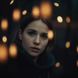 a woman looks into the camera with glowing lights around her