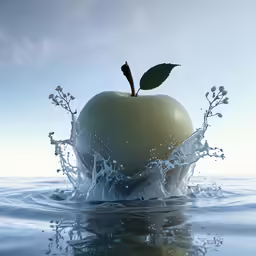an apple is floating in water with water splashing from it