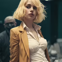 a woman dressed in a yellow blazer stands outdoors