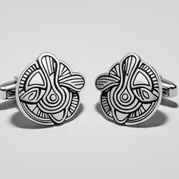 two cufflinks with abstract designs on each end