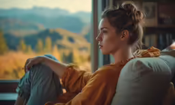 a young woman sits in a chair looking out the window at mountains