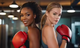 two beautiful young women in red gloves stand side by side