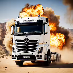 the large transport truck is driving through the desert,a white truck on a desert road with the fire blazing behind it