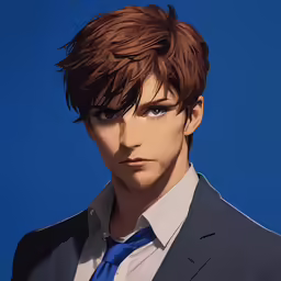 a male anime with brown hair and a gray suit