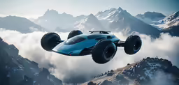 a blue monster truck is in the sky above a mountain range