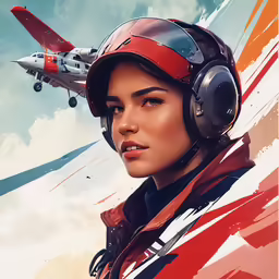 a young woman wearing a red and black uniform with a red helmet and airplane in the background