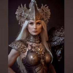 a woman in metal clothing posing with her hair back
