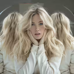 a blond woman in a white coat leaning against a mirror,the blond woman is in front of a mirror