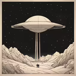 a large alien spaceship floating over a mountain