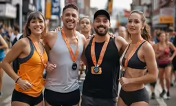 four people in bathing suits with orange medal around their neck