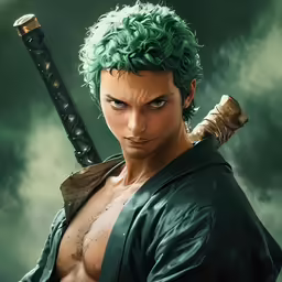 an image of a young man with green hair and a sword