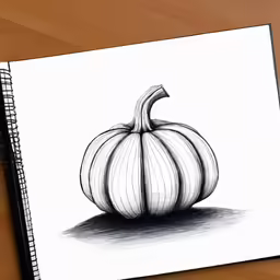 a pencil drawing of a pumpkin on a table