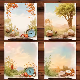 a series of four photographs of clocks sitting on a table,four photos that have been altered to look like different pictures