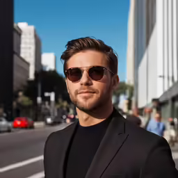 the man wearing sunglasses stands in a city street
