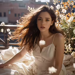 a girl in a white dress is sitting outside