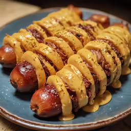 some very pretty looking hot dogs covered in mustard