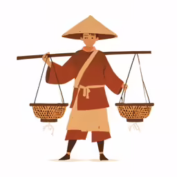 man holding bamboo baskets and standing up to grab them