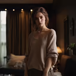 a woman posing in a dark living room with windows