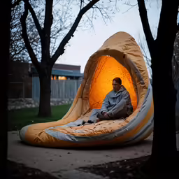 man sitting in a tent bed with the inside lit