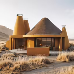 an unusual building with an outdoor dining area