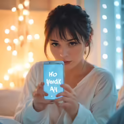 young women is texting on a smartphone with christmas lights behind her