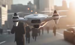 a small white and gray quad quadcopter flying in the air