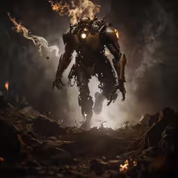 a large robot standing in front of smoke