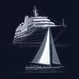 a blue and white boat floating on a body of water