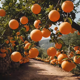 a number of oranges hanging from a tree with one fruit inside