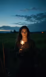 a girl is holding a candle at night in the middle of a field
