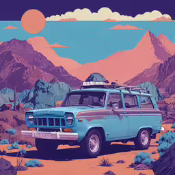 an old blue station wagon on a mountain road,the blue van is sitting in a mountainous field