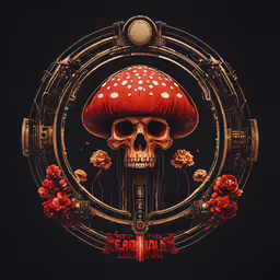 skull in circle on black with flower decoration,the surreal image shows a human skull in a mushroom with red flowers