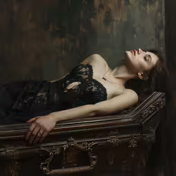 a woman lying down in a trunk of some sort,an attractive woman in a lingerie laying on a trunk
