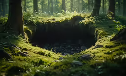 a deep hole is surrounded by trees in the forest